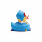 Blue rubber duck with a colorful head on a white background
