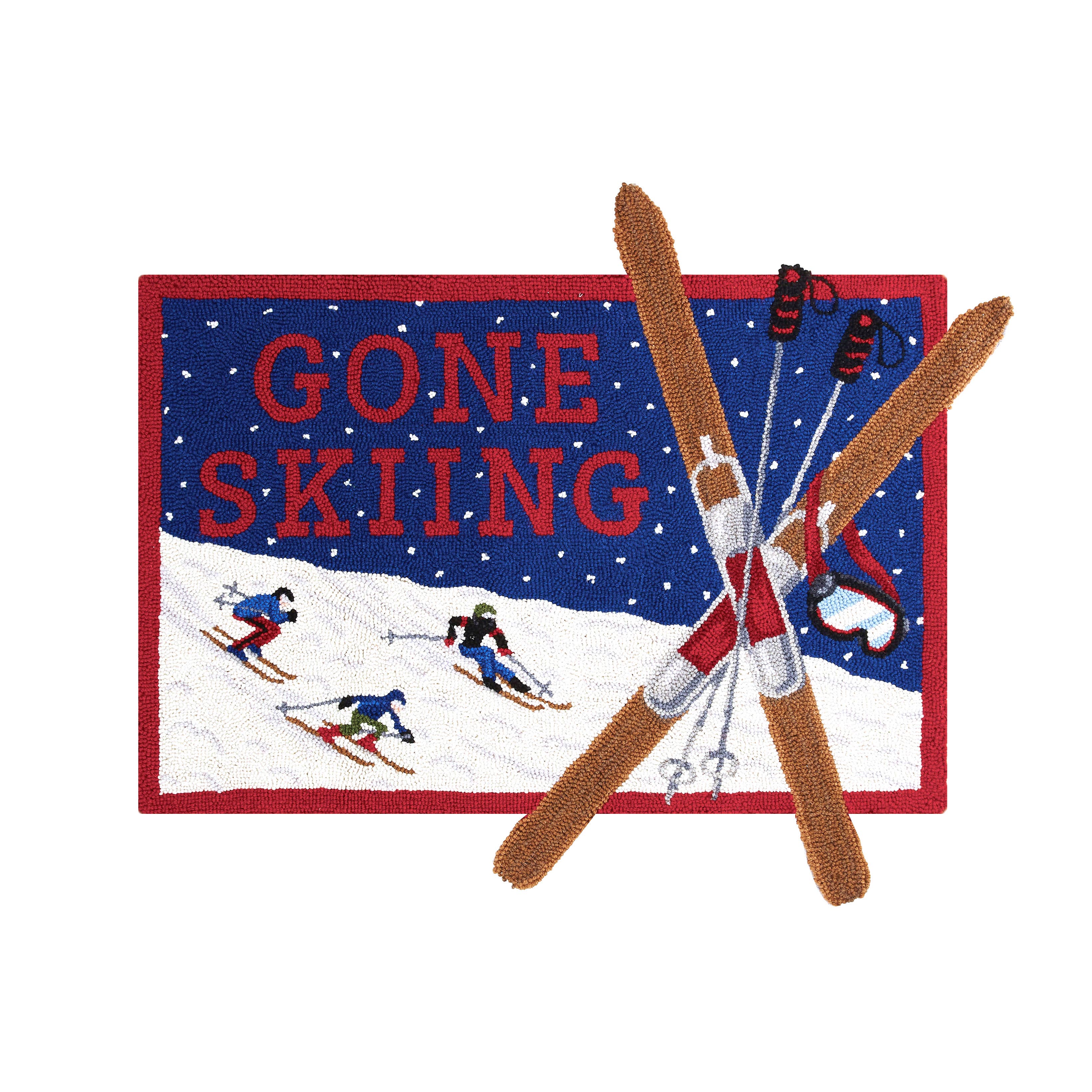 Embroidered patch with 'Gone Skiing' text and skiers on a blue background.