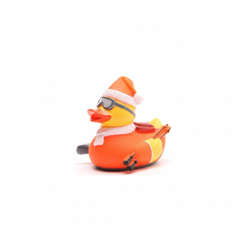Rubber duck with ski goggles, Santa hat, on a white background