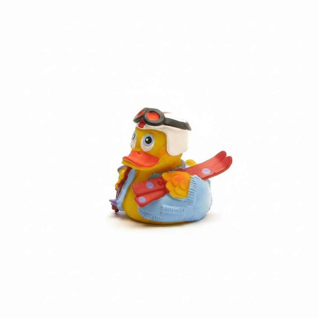 Colorful rubber duck with ski gear on a white background