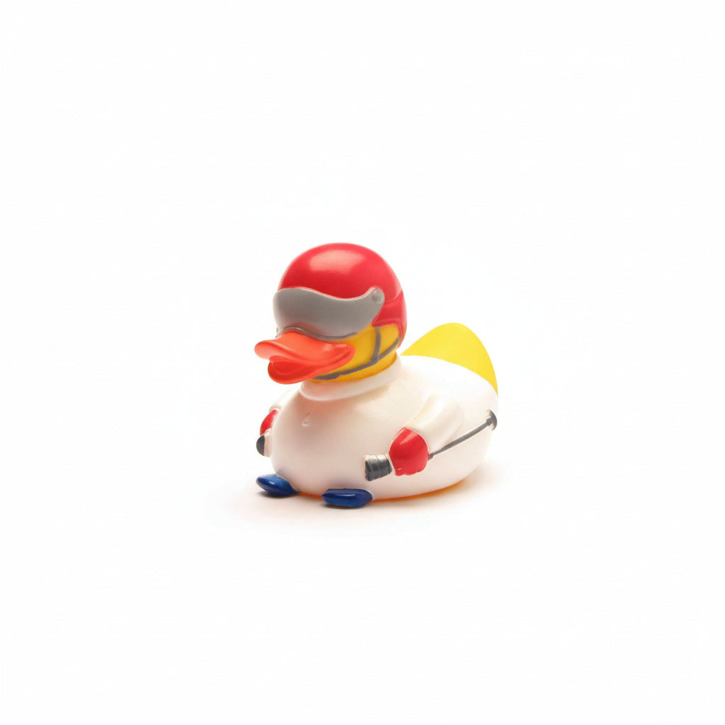 Rubber duck with a superhero costume on a white background