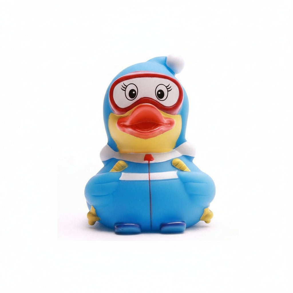 Toy duck with goggles and a white shirt on a white background