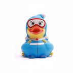 Toy duck with goggles and a white shirt on a white background