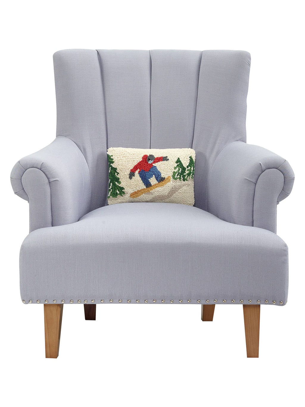 Gray armchair with a decorative pillow featuring a snowboarder on a white background