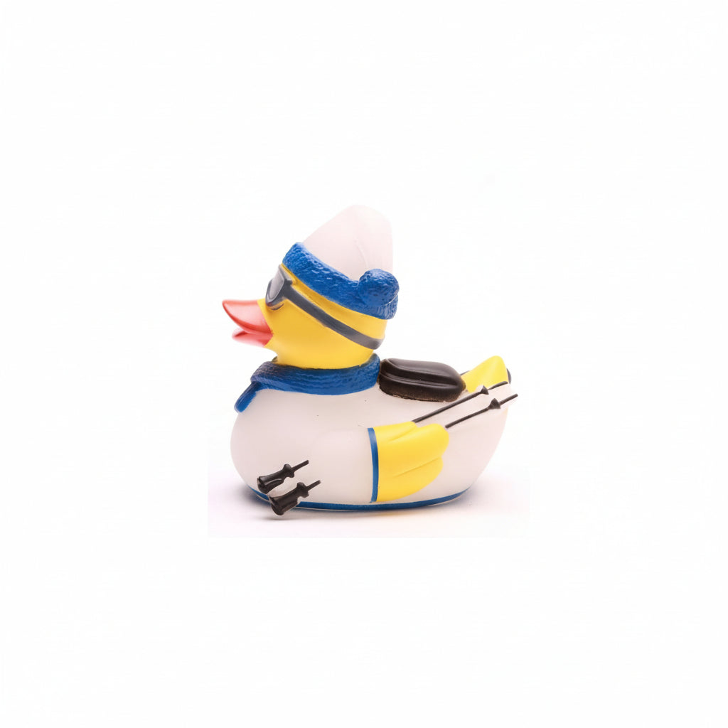 Rubber duck with ski poles on a white background