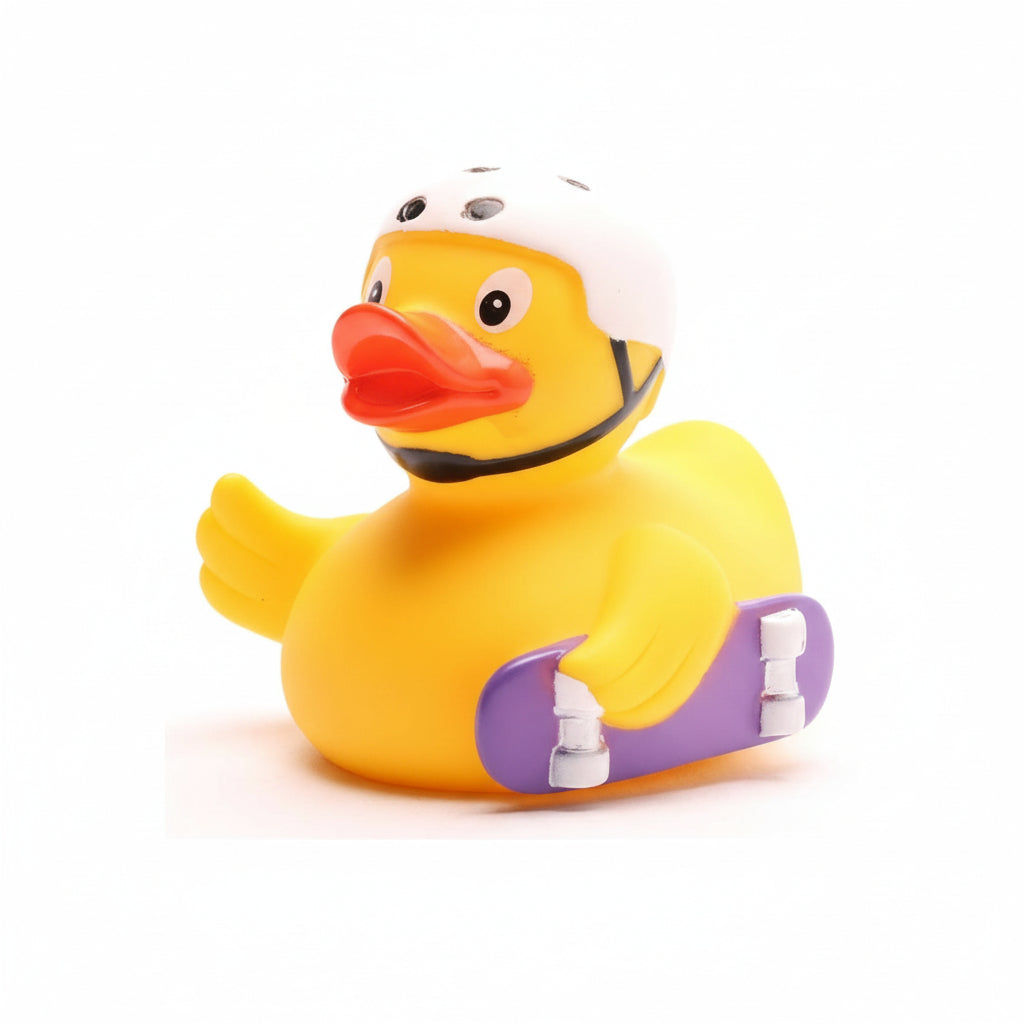 Yellow rubber duck wearing a helmet and purple overalls on a white background