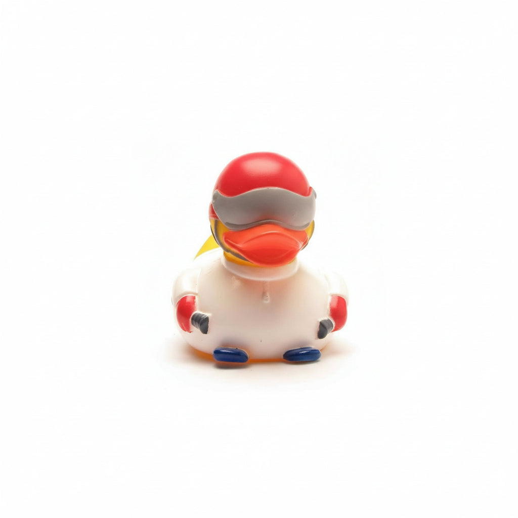 Rubber duck with a helmet and goggles on a white background
