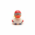 Rubber duck with a helmet and goggles on a white background
