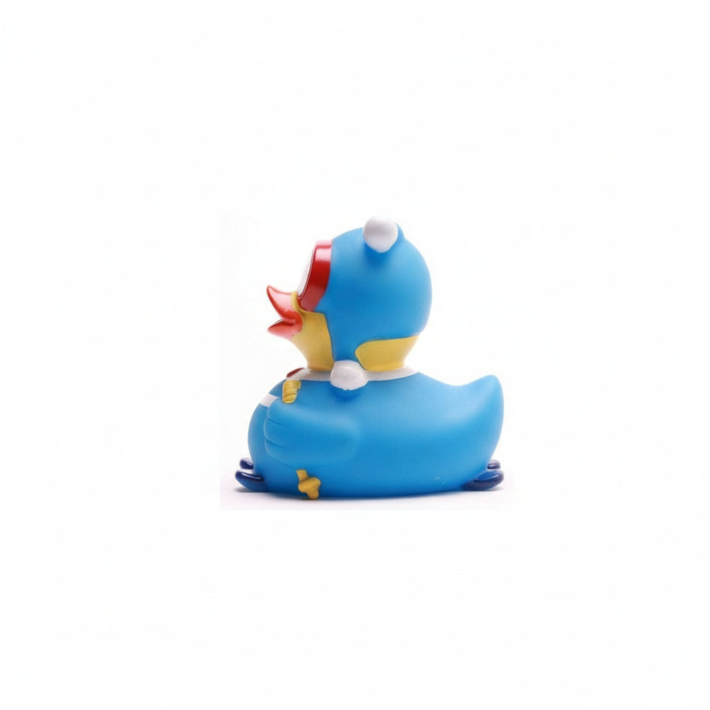 Blue rubber duck with a red cap on a white background