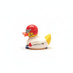 Rubber duck with a helmet and racing car design on a white background