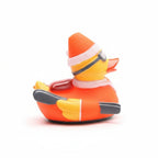 Rubber duck dressed in all orange on a white background