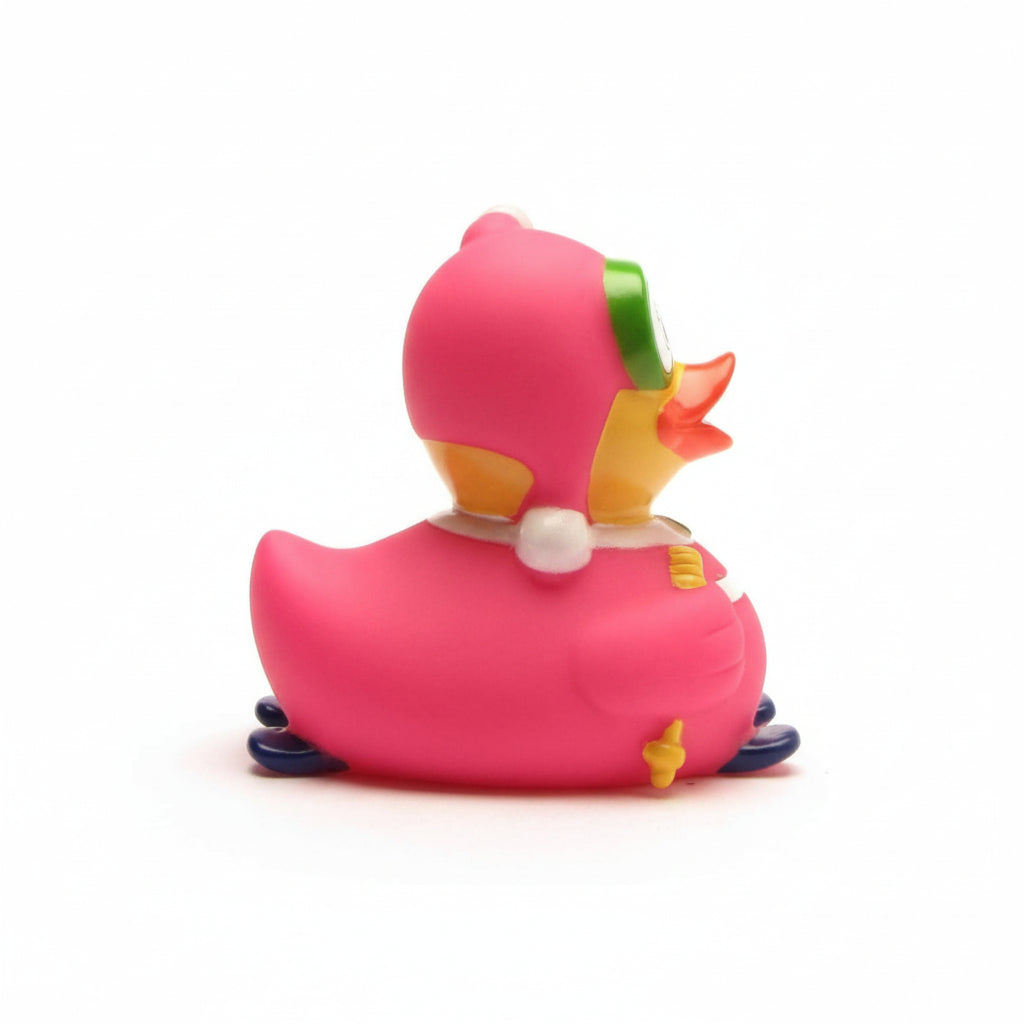 Pink rubber duck with colorful accents on a white background