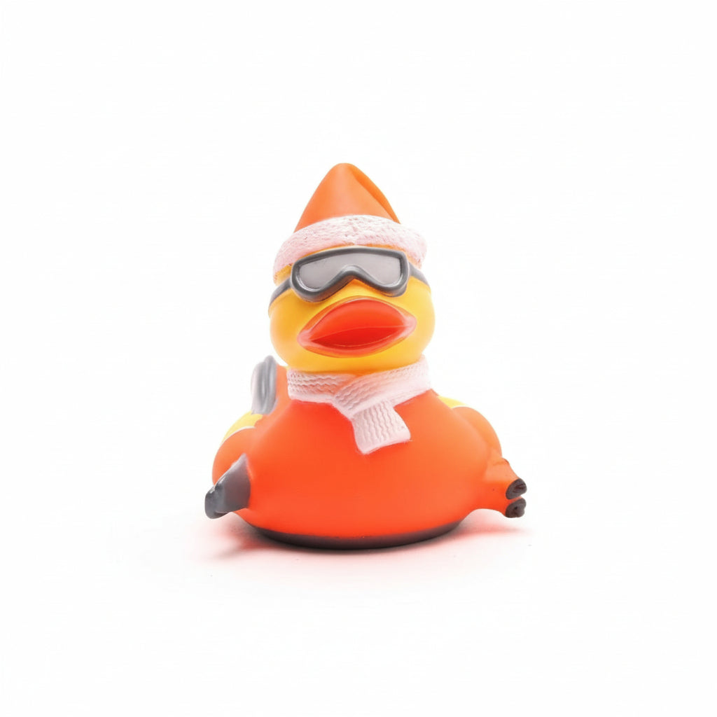 Rubber duck wearing an orange outfit with goggles and a helmet on a white background