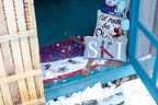 Decorative pillows and rug on a porch with winter-themed text