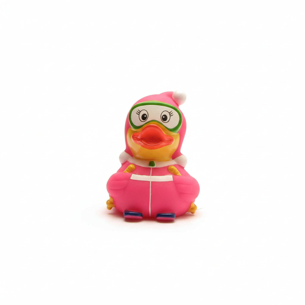 Toy duck in a pink racing suit on a white background