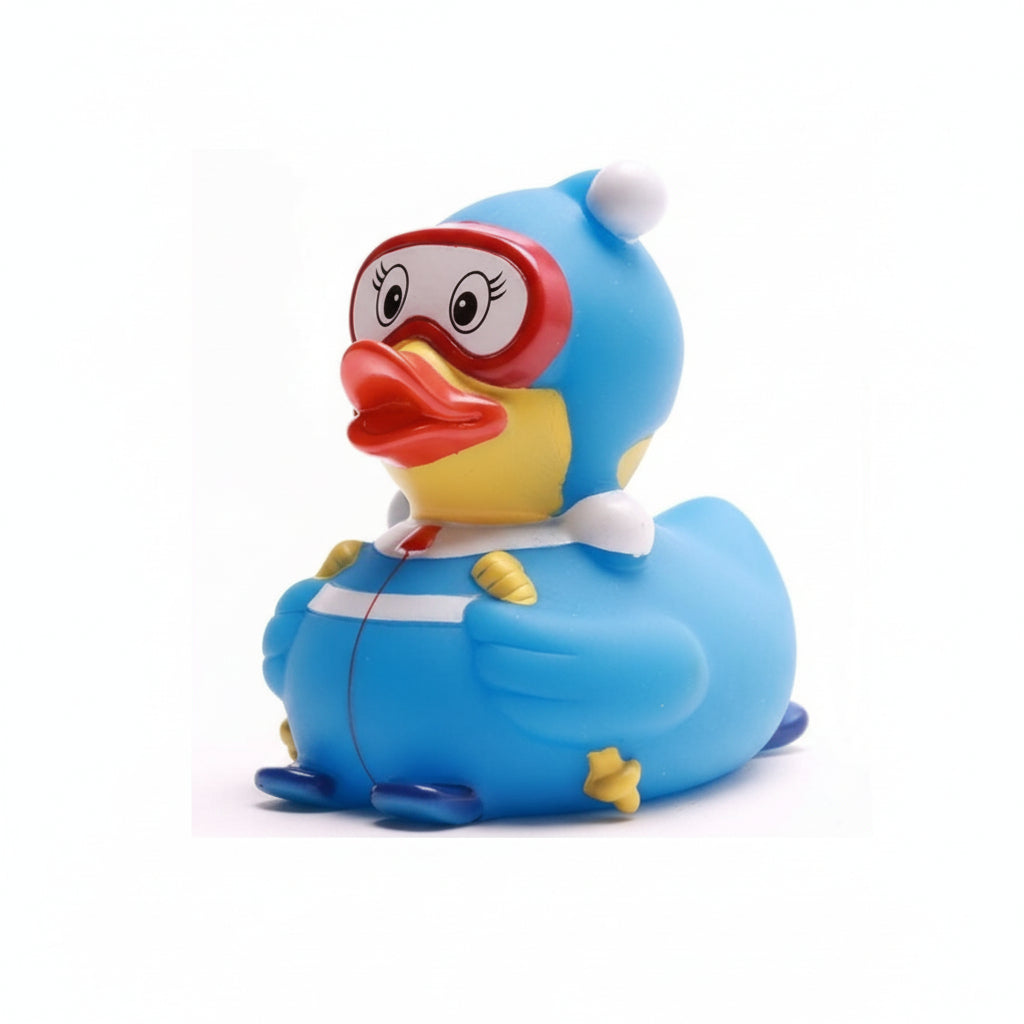 Blue rubber duck with a cartoon face on a white background