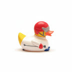 Rubber duck dressed with a red helmet on a white background