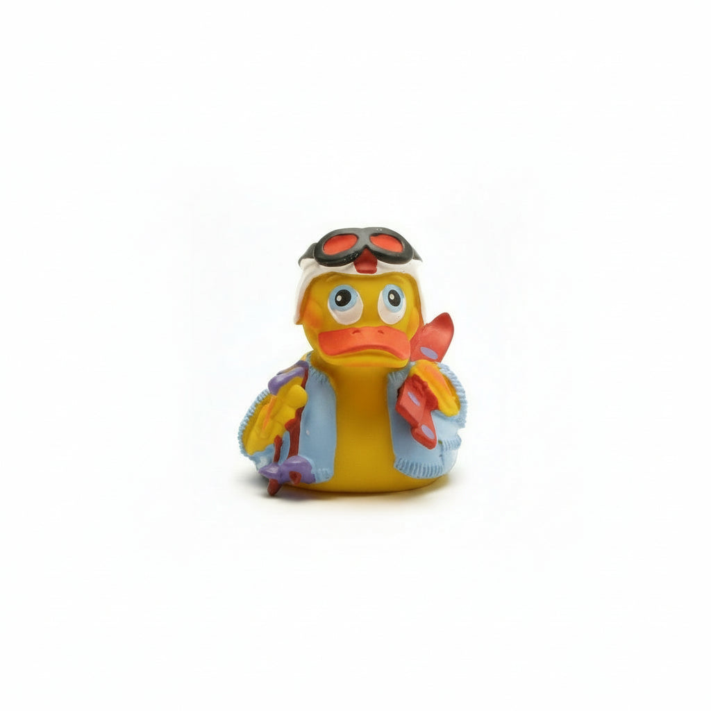 Colorful rubber duck with sunglasses and a jacket on a white background