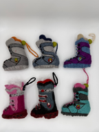 Wool ski boots with strings on top to hand from tree as ornament