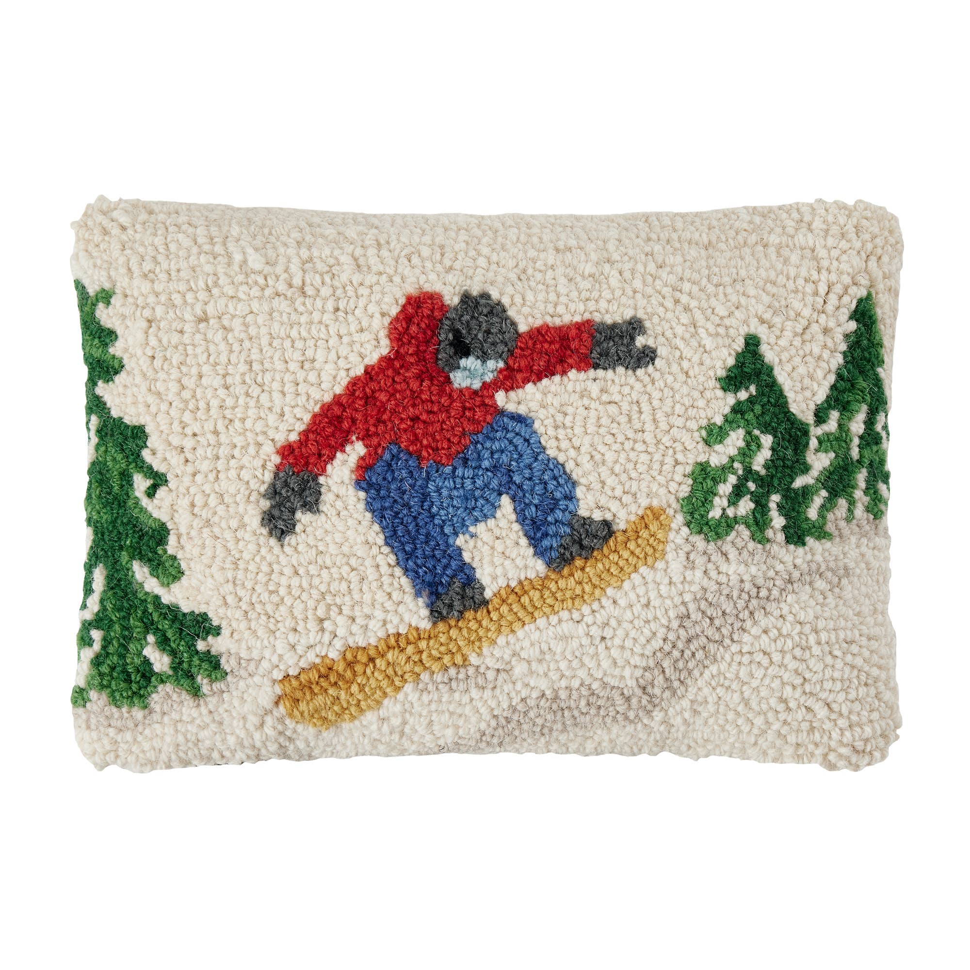Decorative pillow with a snowboarder design on a white background