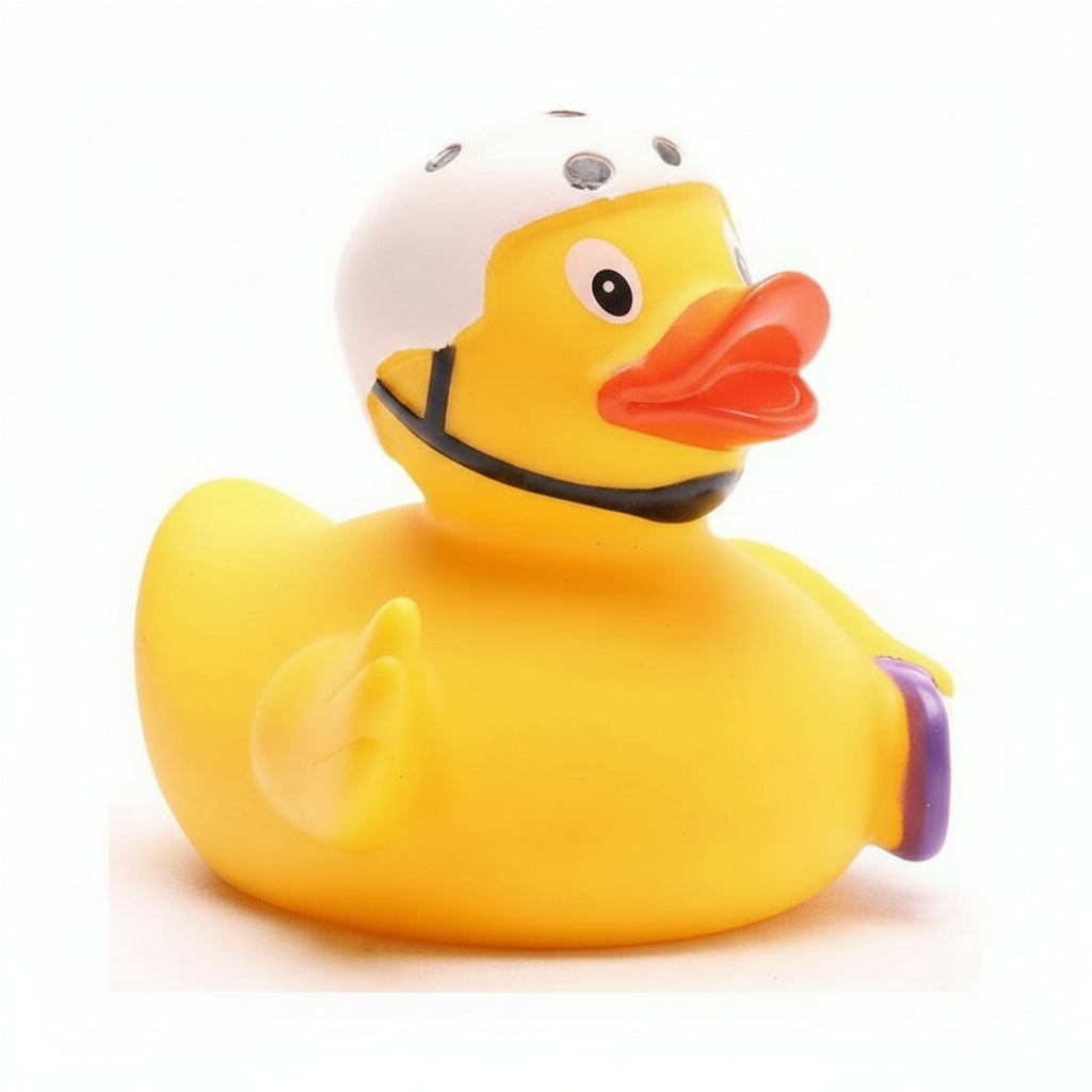 Yellow rubber duck wearing a helmet on a white background
