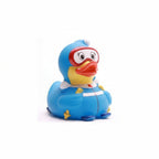 Blue rubber duck with a cartoonish face on a white background