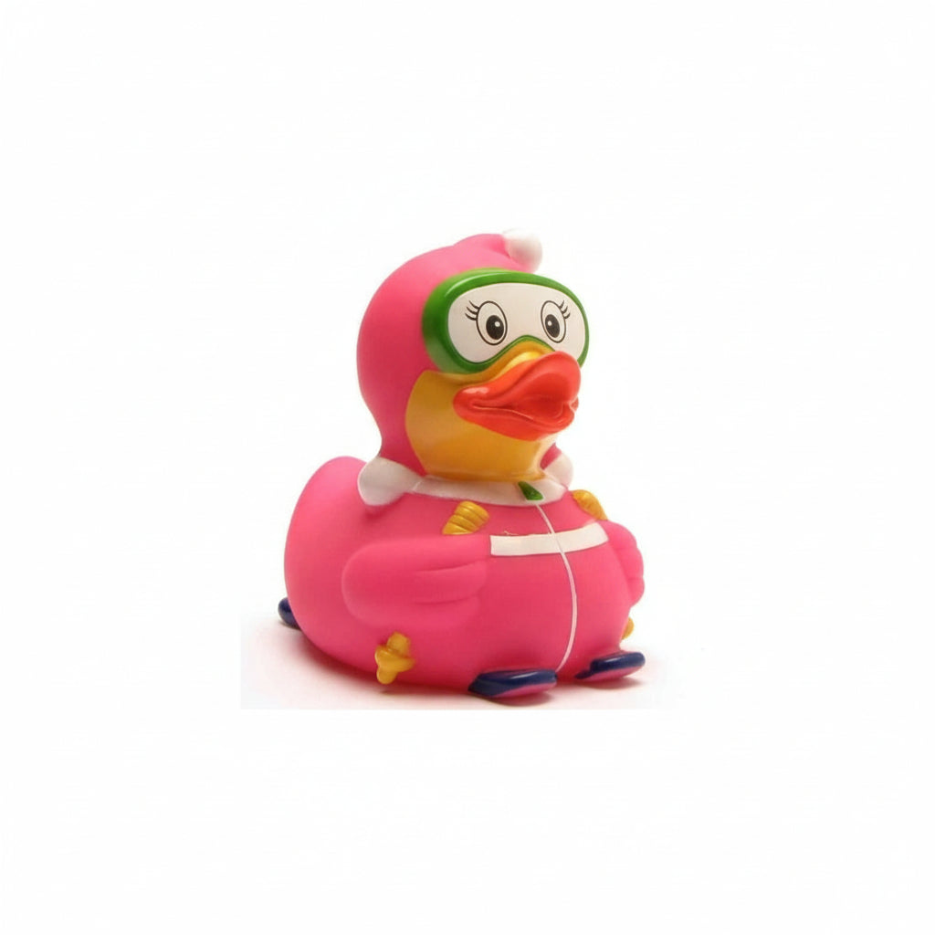 Pink duck toy with a green head and red beak on a white background