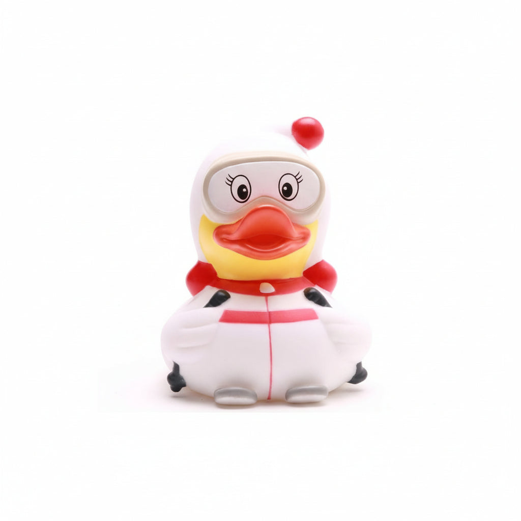 Toy duck with a white outfit and red accents on a white background