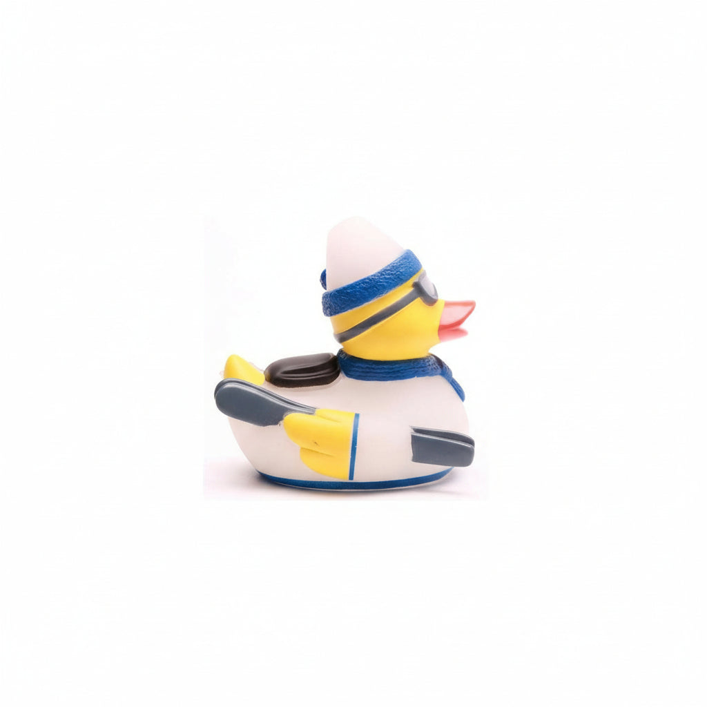 Rubber duck with a ski outfit on a white background