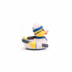 Rubber duck with a ski outfit on a white background