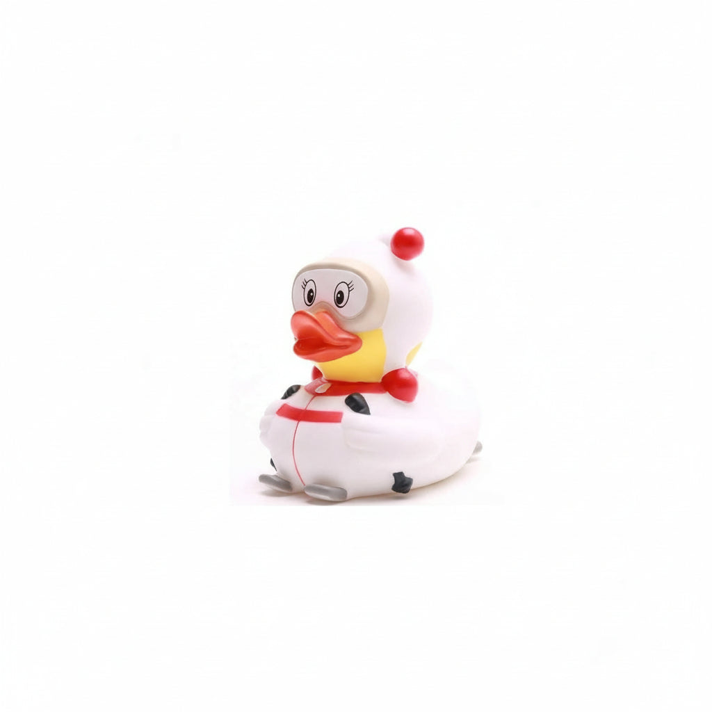 Toy duck with a surprised expression on a white background