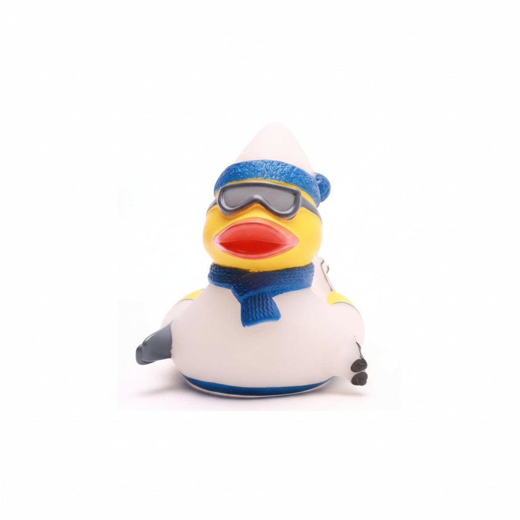 Rubber duck wearing a blue beanie, goggles, and scarf on a white background
